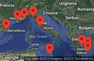 BARCELONA, SPAIN, PROVENCE(MARSEILLE), FRANCE, NICE (VILLEFRANCHE), FRANCE, LA SPEZIA, ITALY, Civitavecchia, Italy, AT SEA, VALLETTA, MALTA, SANTORINI, GREECE, MYKONOS, GREECE, ATHENS (PIRAEUS), GREECE