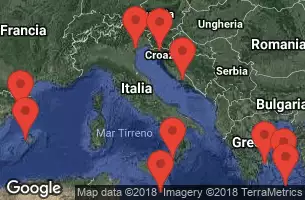 BARCELONA, SPAIN, PALMA DE MALLORCA, SPAIN, AT SEA, SICILY (MESSINA), ITALY, VALLETTA, MALTA, MYKONOS, GREECE, ATHENS (PIRAEUS), GREECE, SANTORINI, GREECE, SPLIT CROATIA, Rijeka, Croatia, VENICE, ITALY