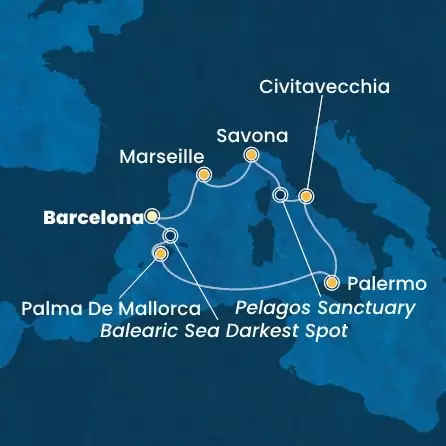 COSTA TOSCANA - trasa 6 nocy podróż z: BARCELONA w dniu 28/10/2025 - Spain, Balearic Islands, Italy, France