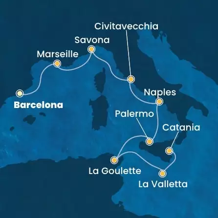 COSTA FASCINOSA - trasa 7 nocy podróż z: BARCELONA w dniu 29/05/2026 - Spain, France, Italy, Tunisia, Malta