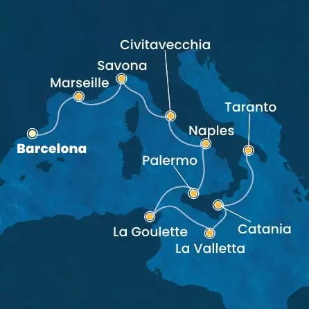 COSTA FASCINOSA - trasa 8 nocy podróż z: BARCELONA w dniu 29/05/2026 - Spain, France, Italy, Tunisia, Malta