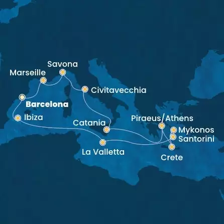 COSTA FASCINOSA - trasa 13 nocy podróż z: BARCELONA w dniu 15/05/2026 - Spain, France, Italy, Greece, Malta, Balearic Islands