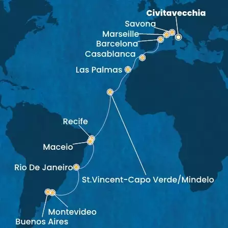 COSTA DELIZIOSA - trasa 23 nocy podróż z: CIVITAVECCHIA w dniu 11/12/2024 - Italy, France, Spain, Morocco, Canary Islands, Cape Verde, Brazil, Uruguay, Argentina