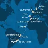 Brazil, Canary Islands, Morocco, Spain, Portugal, France, England, Denmark, Germany