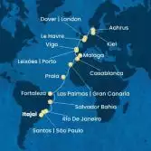 Brazil, Canary Islands, Morocco, Spain, Portugal, France, England, Denmark, Germany
