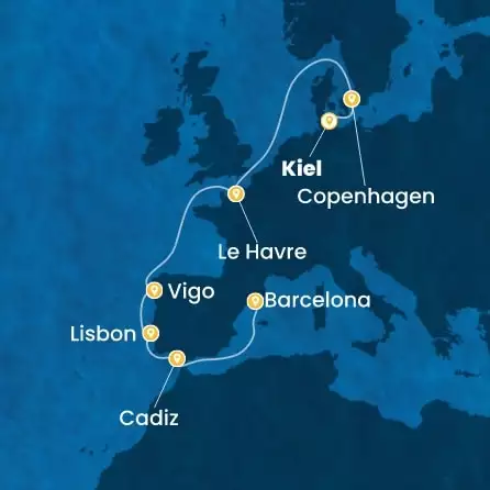 COSTA DIADEMA - trasa 10 nocy podróż z: KIEL w dniu 10/09/2027 - Germany, Denmark, France, Spain, Portugal