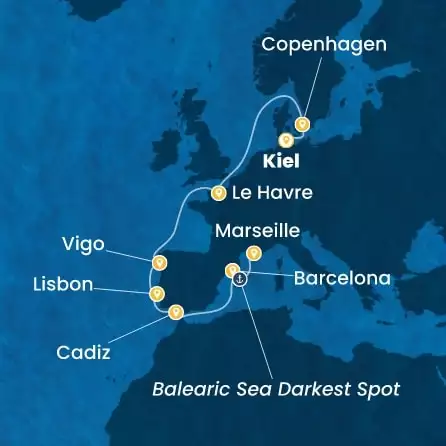 COSTA DIADEMA - trasa 11 nocy podróż z: KIEL w dniu 10/09/2027 - Germany, Denmark, France, Spain, Portugal