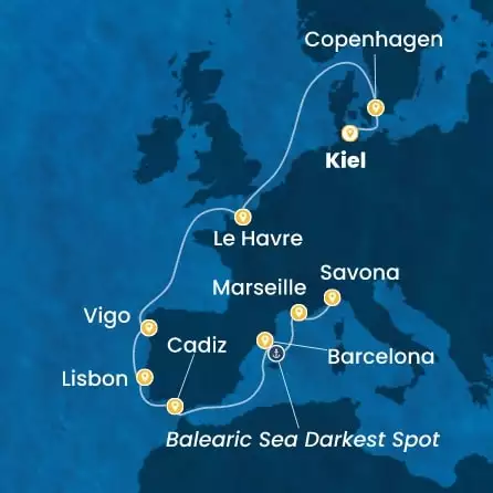 COSTA DIADEMA - trasa 12 nocy podróż z: KIEL w dniu 10/09/2027 - Germany, Denmark, France, Spain, Portugal, Italy