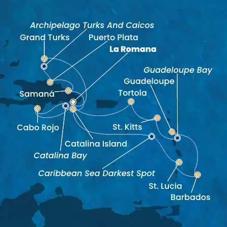 COSTA PACIFICA - trasa 13 nocy podróż z: LA ROMANA w dniu 08/02/2026 - Dominican Republic, Turks Islands, Antilles, Virgin Islands