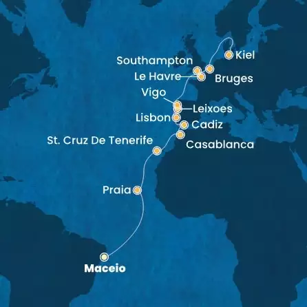 COSTA DIADEMA - trasa 20 nocy podróż z: MACEIO w dniu 24/04/2026 - Brazil, Canary Islands, Morocco, Spain, Portugal, France, England, Belgium, Germany