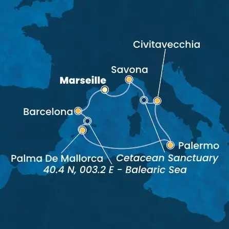 COSTA TOSCANA - trasa 6 nocy podróż z: MARSEILLES w dniu 30/03/2025 - France, Spain, Balearic Islands, Italy