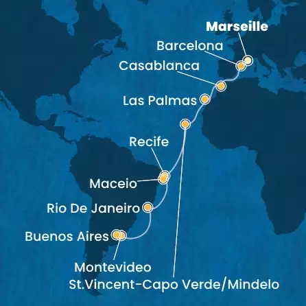 COSTA DELIZIOSA - trasa 21 nocy podróż z: MARSEILLES w dniu 13/12/2024 - France, Spain, Morocco, Canary Islands, Cape Verde, Brazil, Uruguay, Argentina