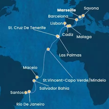 COSTA DIADEMA - trasa 21 nocy podróż z: MARSEILLES w dniu 01/11/2026 - France, Italy, Spain, Portugal, Canary Islands, Cape Verde, Brazil