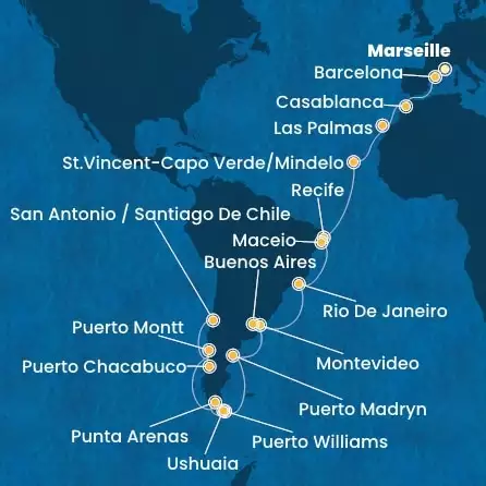 COSTA DELIZIOSA - trasa 36 nocy podróż z: MARSEILLES w dniu 13/12/2024 - France, Spain, Morocco, Canary Islands, Cape Verde, Brazil, Uruguay, Argentina, Chile