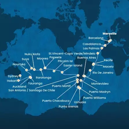 COSTA DELIZIOSA - trasa 70 nocy podróż z: MARSEILLES w dniu 13/12/2024 - France, Spain, Morocco, Canary Islands, Cape Verde, Brazil, Uruguay, Argentina, Chile, Polynesia, Tonga, Fiji, Hawaii