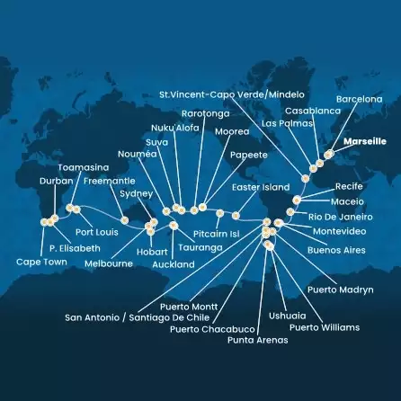 COSTA DELIZIOSA - trasa 96 nocy podróż z: MARSEILLES w dniu 13/12/2024 - France, Spain, Morocco, Canary Islands, Cape Verde, Brazil, Uruguay, Argentina, Chile, Polynesia, Tonga, Fiji, New Zealand