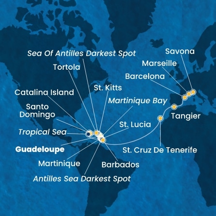 COSTA FASCINOSA - trasa 21 nocy podróż z: GUADELOUPE w dniu 06/03/2026 - Antilles, Virgin Islands, Dominican Republic, Canary Islands, Morocco, Spain, France, Italy