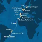 Brazil, Canary Islands, Morocco, Spain, Portugal, France, England, Belgium, Germany, Denmark