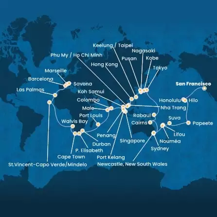 COSTA DELIZIOSA - trasa 98 nocy podróż z: SAN FRANCISCO w dniu 03/01/2027 - USA, Hawaii, Polynesia, Fiji, Australia, Japan, South Korea, Taiwan, China, Vietnam, Singapore, Malaysia, Sri Lanka, Maldives