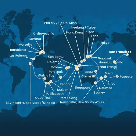 COSTA DELIZIOSA - trasa 99 nocy podróż z: SAN FRANCISCO w dniu 03/01/2027 - USA, Hawaii, Polynesia, Fiji, Australia, Japan, South Korea, Taiwan, China, Vietnam, Singapore, Malaysia, Sri Lanka