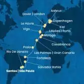 Brazil, Canary Islands, Morocco, Spain, Portugal, France, England, Denmark, Germany