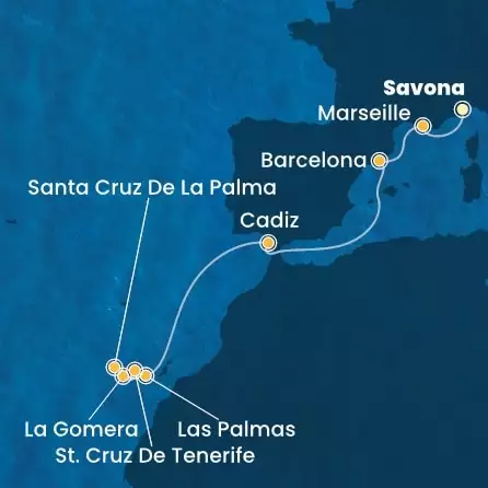 COSTA FORTUNA - trasa 8 nocy podróż z: SAVONA w dniu 13/12/2025 - Italy, France, Spain, Canary Islands