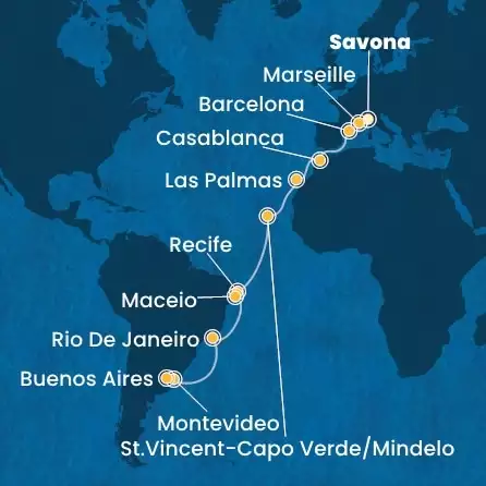 COSTA DELIZIOSA - trasa 22 nocy podróż z: SAVONA w dniu 12/12/2024 - Italy, France, Spain, Morocco, Canary Islands, Cape Verde, Brazil, Uruguay, Argentina