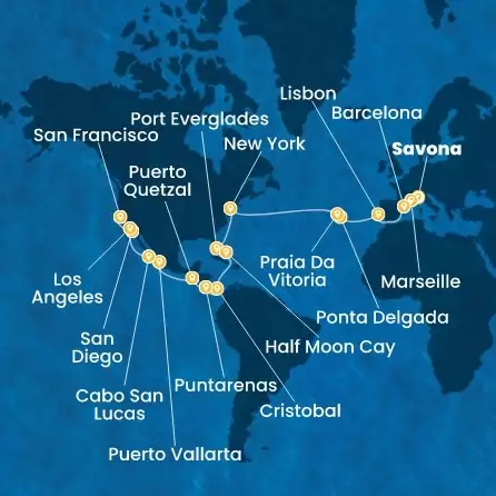 COSTA DELIZIOSA - trasa 38 nocy podróż z: SAVONA w dniu 25/11/2026 - Italy, France, Spain, Portugal, The Azores, United States, Florida (USA), Mexico, USA
