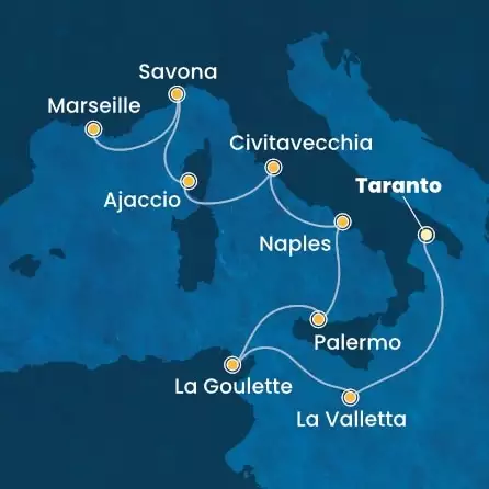 COSTA FASCINOSA - trasa 7 nocy podróż z: TARANTO w dniu 13/09/2026 - Malta, Tunisia, Italy, Corsica (France), France