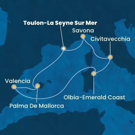 COSTA PACIFICA - trasa 6 nocy podróż z: TOULON-LA SEYNE SUR MER w dniu 21/09/2026 - France, Balearic Islands, Spain, Italy