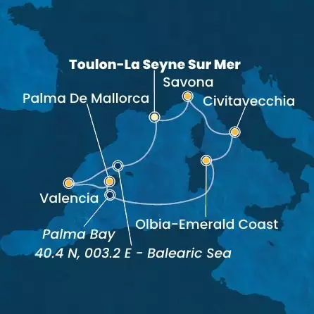 COSTA PACIFICA - trasa 6 nocy podróż z: TOULON-LA SEYNE SUR MER w dniu 15/06/2025 - France, Spain, Balearic Islands, Italy