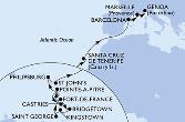 Fort de France,Pointe-a-Pitre,Castries,Bridgetown,Kingstown,Saint George,Fort de France,Pointe-a-Pitre,Philipsburg,St John s,Santa Cruz de Tenerife,Barcelona,Marseille,Genoa