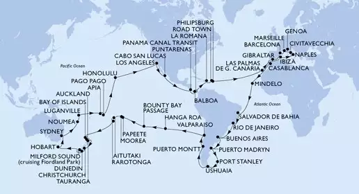 MSC MAGNIFICA - trasa 121 nocy podróż z: Genoa (Portofino) Italy w dniu 05/01/2027 - Italy,France,Spain,Gibraltar,Morocco,Cape Verde,Brazil,Argentina,Falkland Islands (Malvinas),Chile,Pitcairn,French Polynesia,Cook Islands,New Zealand,Australia,New Caledonia,Vanuatu,Samoa,American Samoa,United States,Mexico,Costa Rica,Panama,Dominican Republic,Virgin Islands,Netherlands Antilles