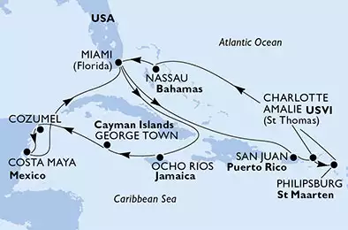 MSC SEASIDE - trasa 14 nocy podróż z: Miami, United States w dniu 19/01/2019 - United States, Puerto Rico, Virgin Islands (U.S.), St. Maarten, Bahamas, Jamaica, Cayman Islands, Mexico