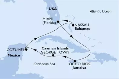 MSC SEASIDE - trasa 7 nocy podróż z: Miami, United States w dniu 19/10/2019 - United States, Jamaica, Cayman Islands, Mexico, Bahamas