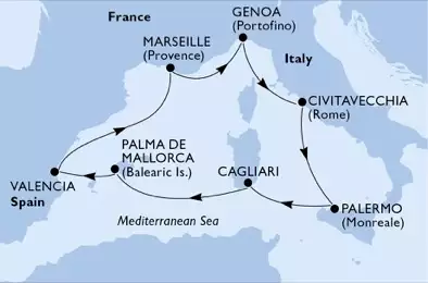 MSC DIVINA - trasa 7 nocy podróż z: Valencia, Spain w dniu 24/10/2019 - Spain, France, Italy