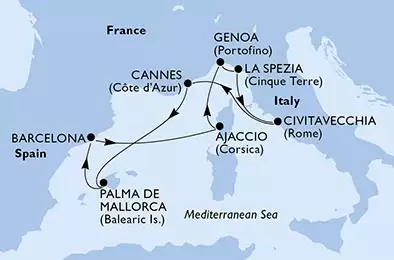 MSC SEAVIEW - trasa 7 nocy podróż z: Barcelona, Spain w dniu 26/10/2019 - Spain, France, Italy