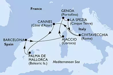 MSC SEAVIEW - trasa 7 nocy podróż z: Civitavecchia, Italy w dniu 16/10/2019 - Italy, France, Spain