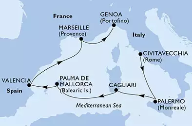 MSC DIVINA - trasa 6 nocy podróż z: Civitavecchia, Italy w dniu 27/10/2019 - Italy, Spain, France