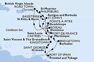 Martinique, Guadeloupe, Virgin Islands (British), St. Maarten, Dominica, Saint Kitts and Nevis, Antigua and Barbuda, Saint Lucia, Barbados, Trinidad and Tobago, Grenada, Saint Vincent & The Grenadines
