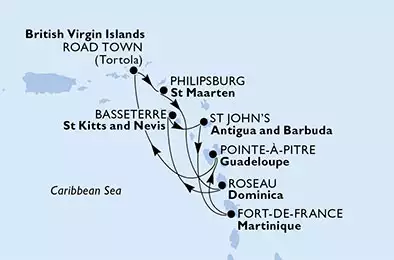 Guadeloupe, Virgin Islands (British), St. Maarten, Dominica, Saint Kitts and Nevis, Antigua and Barbuda, Martinique