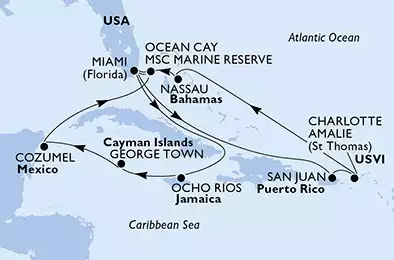 MSC SEASIDE - trasa 14 nocy podróż z: Miami, United States w dniu 01/02/2020 - United States, Jamaica, Cayman Islands, Mexico, Bahamas, Puerto Rico, Virgin Islands (U.S.)