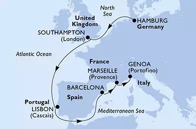 MSC GRANDIOSA - trasa 13 nocy podróż z: Hamburg,Germany w dniu 10/11/2019 - Germany, United Kingdom, Portugal, Spain, France, Italy