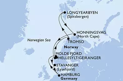 MSC PREZIOSA - trasa 14 nocy podróż z: Hamburg,Germany w dniu 04/08/2020 - Germany, Norway, Svalbard and Jan Mayen Islands