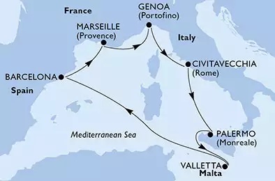 MSC VIRTUOSA - trasa 7 nocy podróż z: Genoa, Italy w dniu 27/12/2020 - Italy, Malta, Spain, France