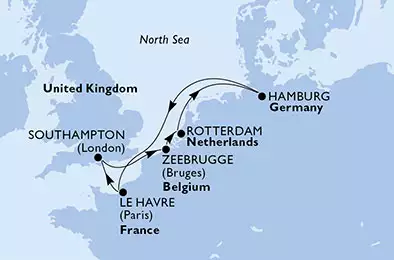 MSC PREZIOSA - trasa 7 nocy podróż z: Southampton,United Kingdom w dniu 16/09/2020 - United Kingdom, Belgium, Netherlands, Germany, France
