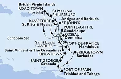 MSC SPLENDIDA - trasa 14 nocy podróż z: Fort de France, Martinique w dniu 05/12/2020 - Martinique, Guadeloupe, Virgin Islands (British), Netherlands Antilles, Dominica, Saint Kitts and Nevis, Antigua and Barbuda, Saint Lucia, Barbados, Trinidad and Tobago, Grenada, Saint Vincent & The Grenadines