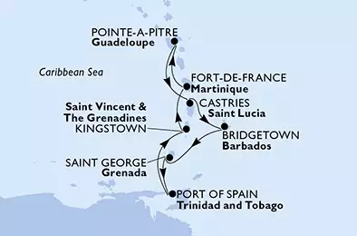Fort de France,Pointe-a-Pitre,Castries,Bridgetown,Saint George,Port of Spain,Kingstown,Fort de France