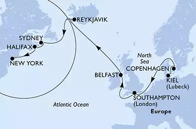 Kiel,Copenhagen,Southampton,Belfast,Reykjavik,Reykjavik,Sydney,Halifax,New York,New York