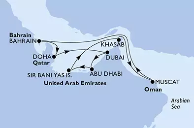 Dubai,Dubai,Abu Dhabi,Sir Bani Yas Is,Khasab,Muscat,Bahrain,Doha,Doha,Dubai,Dubai
